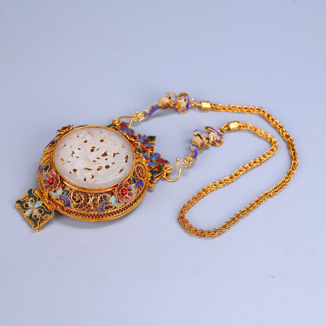 Gold Wires Enamel Inlay Hetian Jade Sachet Pendant - 9