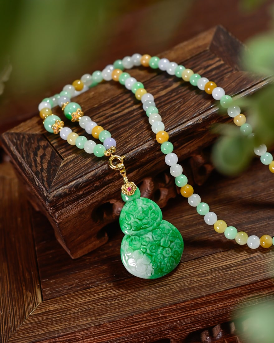 Green Jadeite Gourd Pendant w Necklace - 2