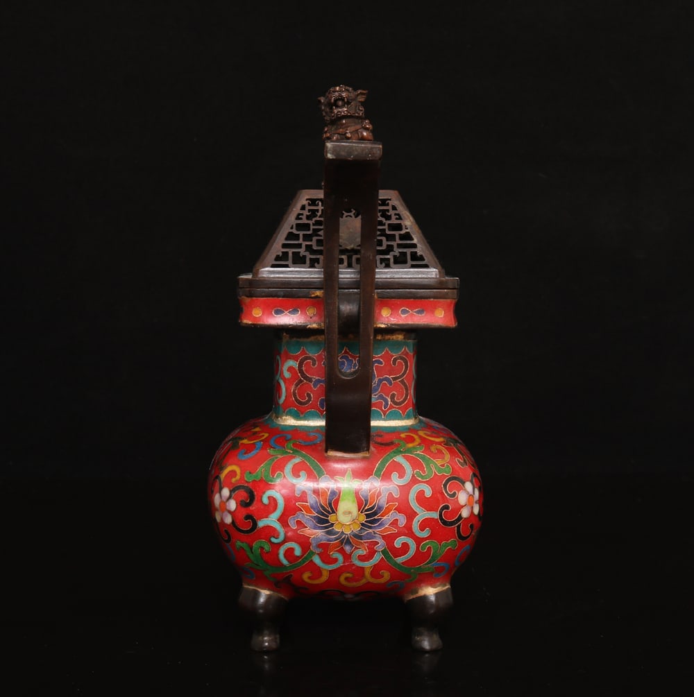 Vintage Bronze Cloisonne Double Ear Incense Burner - 2