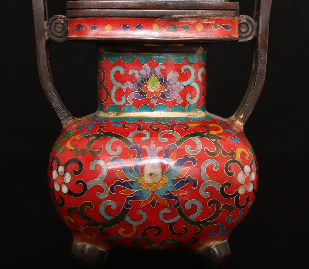 Vintage Bronze Cloisonne Double Ear Incense Burner - 7