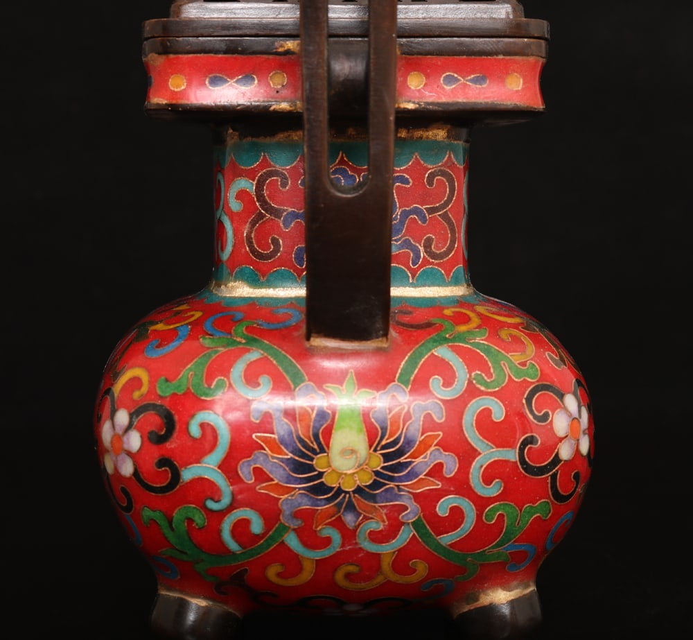 Vintage Bronze Cloisonne Double Ear Incense Burner - 8