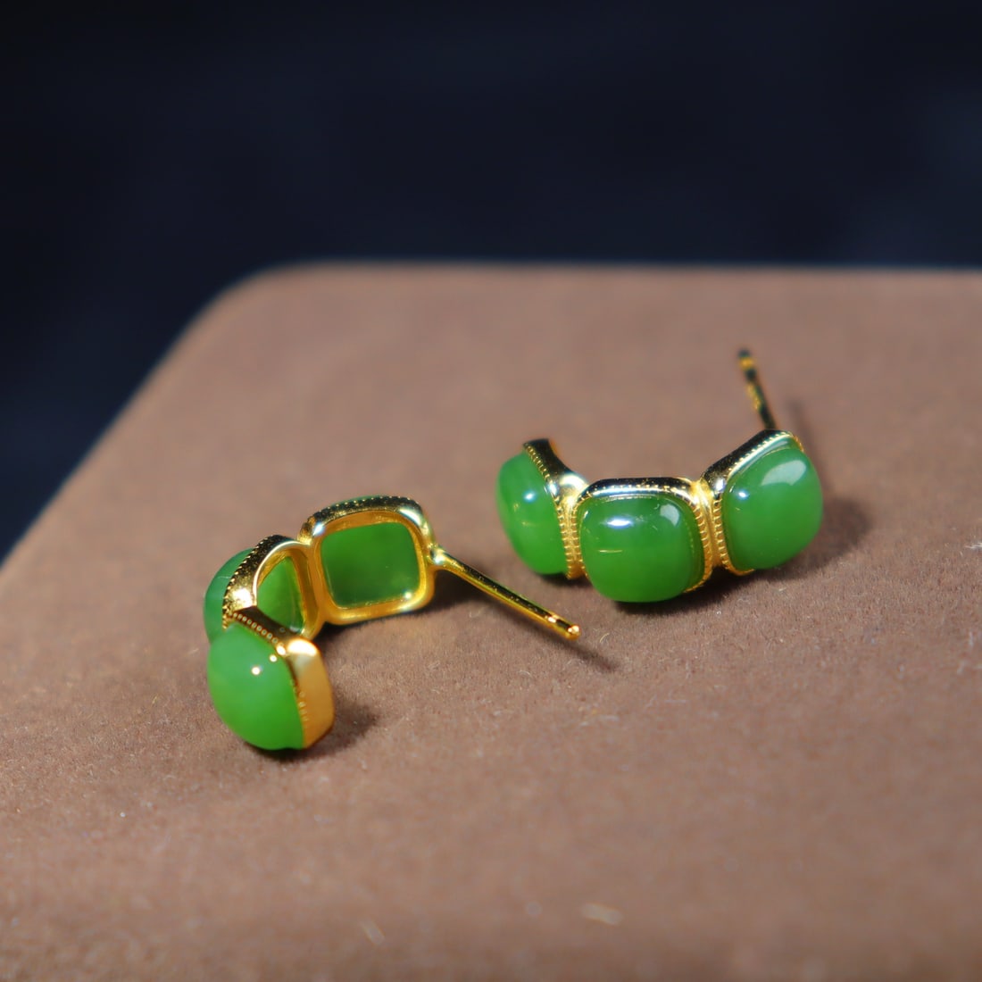 Silver Inlay Green Hetian Jade Earrings - 2