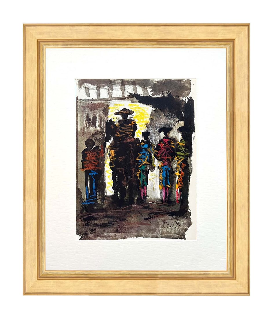 Picasso Toros y Toreros Bullfight dated 8/7/59 framed: Artist: Pablo Picasso County: Spain Title: Toros y Toreros Bullfight dated 8/7/59 Medium: Quadrichromie Paper size: On vellum 14.75 x 10.50 inch Publisher: 1961 by Editions Cercle d'art, France