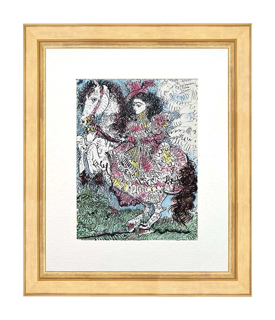 Picasso Toros y Toreros No. 8 dated 10/3/59 framed: Artist: Pablo Picasso Country: Spain Title: Toros y Toreros No. 8 dated 10/3/59 Medium: Quadrichromie Marks: Not signed, numbered & dated in the plate Paper size: Vellum paper 14.75 x 10.5 inch Pu