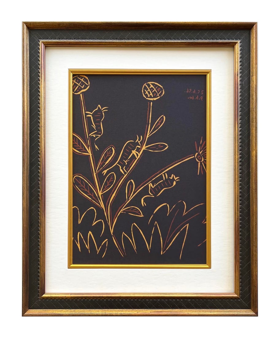 Pablo Picasso 45 Plante Aux Toritos framed: Artist: Pablo Picasso Country: Spain Title: Plante Aux Toritos Medium: Multichrome - 45 Marks: Not signed, not numbered Paper size 12.50 x 15 inch on heavy paper 350g Old Mill Bianco. Provenance: Pica