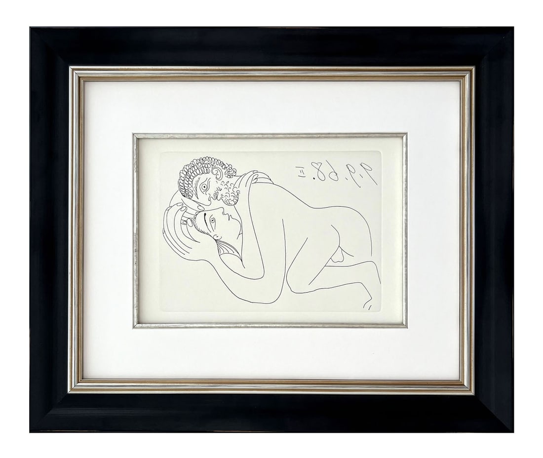 Picasso Gravure Apollinaire Les onze mille verges 9 Framed: Title: Les onze mille verges 9 Artist: Pablo Picasso Country: Spain Medium: Gravure Marks: Not signed, numbered Paper: Grand Velin de Papeteries de Lana 10.50 x 8 inch Printed: 1984 in Paris Provenanc