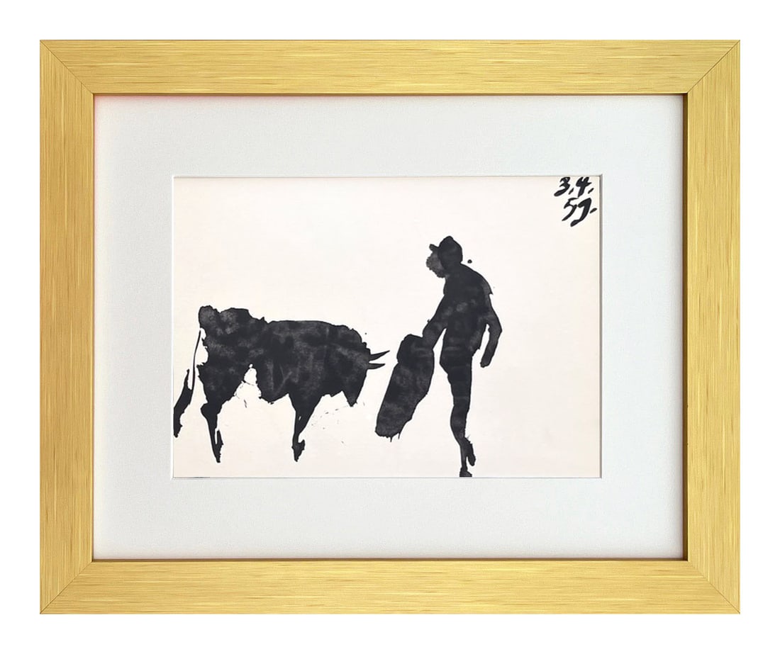 Pablo Picasso Framed Toros y Toreros 4 dated 3/4/59: Artist: Pablo Picasso Country: Spain Title: Toros y Toreros 4 dated 3/4/59 Medium: Bichromie Marks: Not signed, not numbered Paper size: Vellum 14.75 x 10.50 inch Publisher: Editions Cercle d'Art 1961