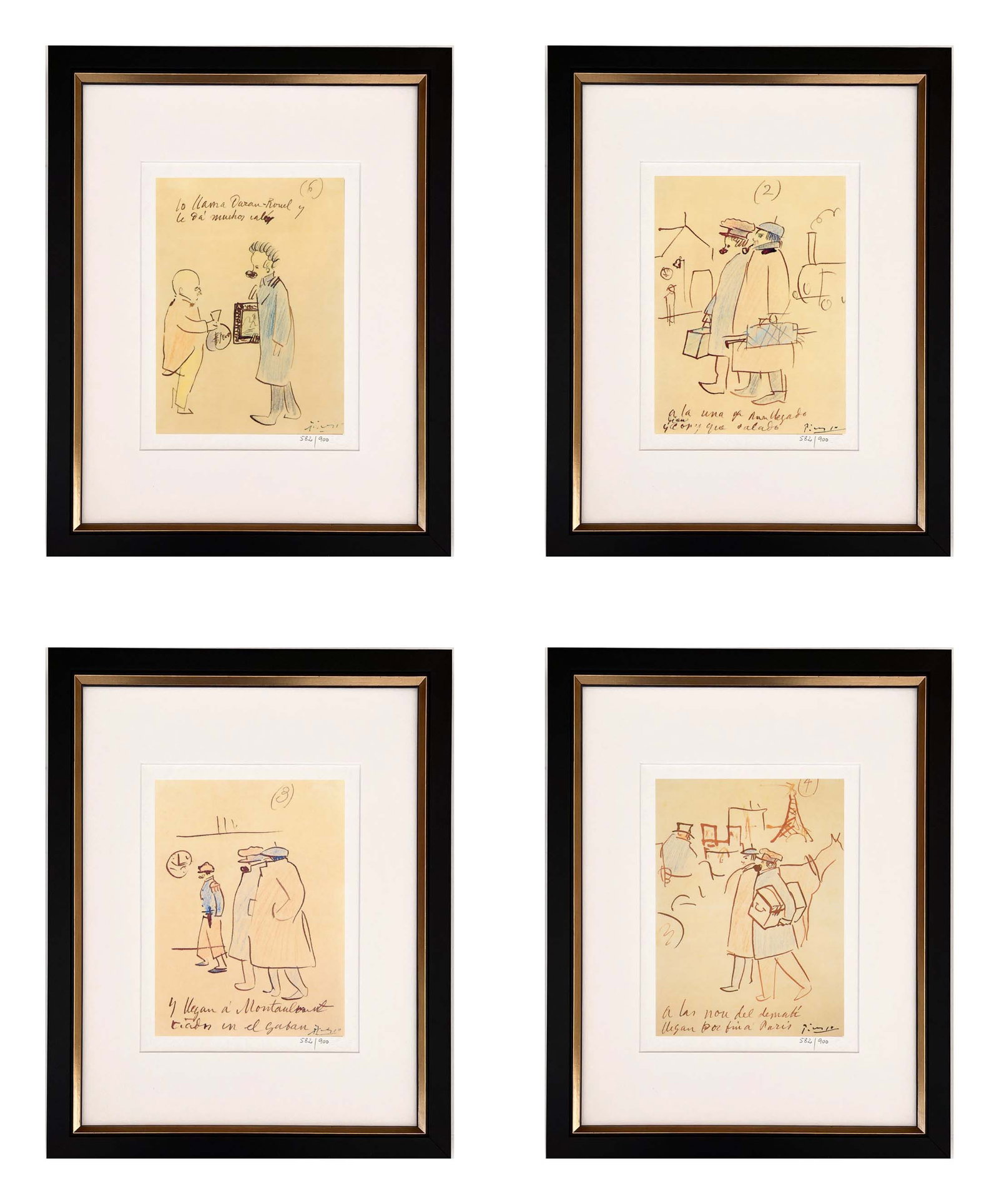 Pablo Picasso Trip To Paris set of 4 Framed: Artist: Pablo Picasso Country: Spain Title: Trip To Paris, set of 4 Medium: Giclees Marks: Limited Edition Sealed & numbered, not signed Paper: Arches paper 10 x 8 inches Printed by the Fine Art M