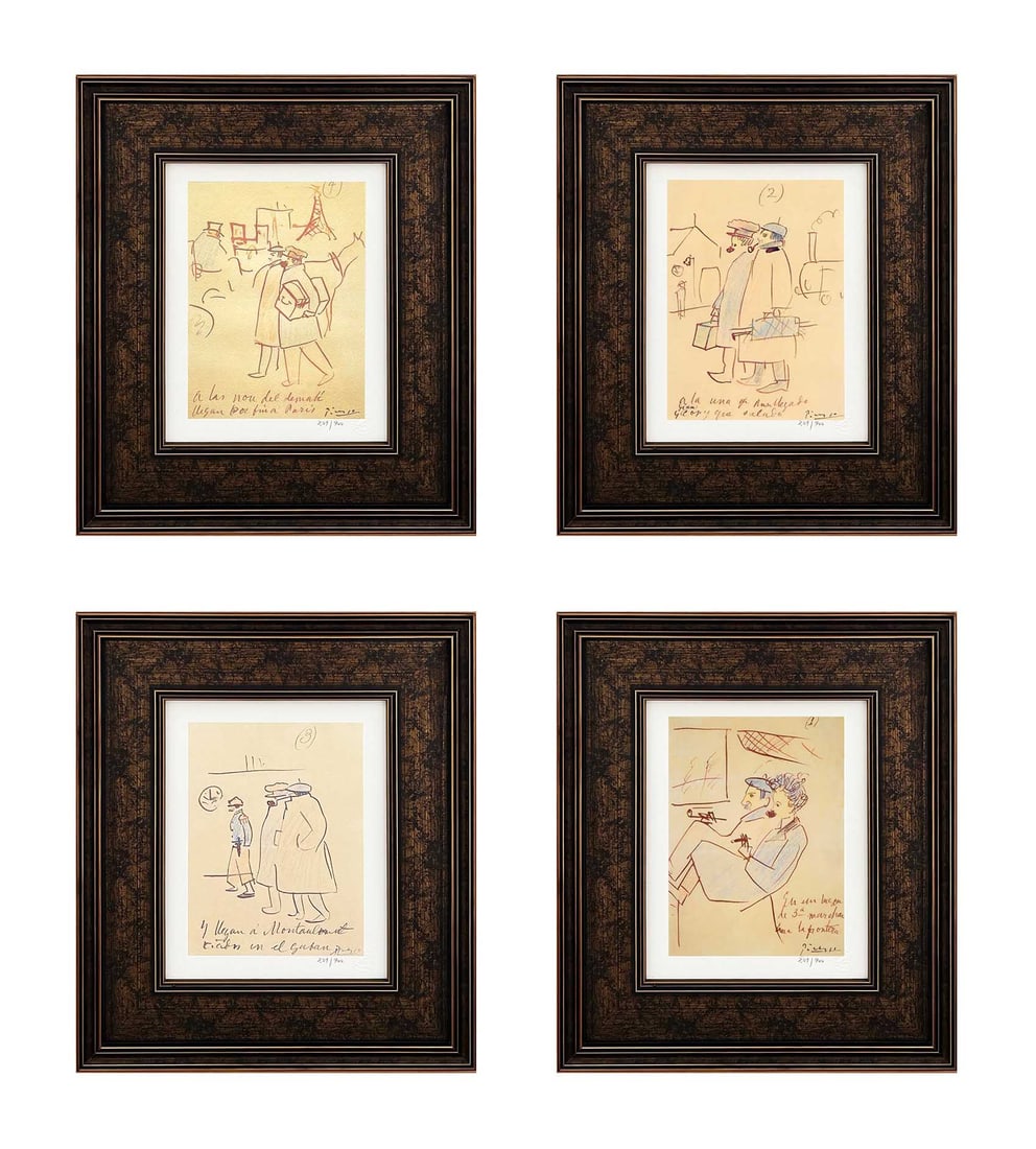 Pablo Picasso Trip To Paris set of 4 Framed: Artist: Pablo Picasso Country: Spain Title: Set of 4 Trip To Paris 1,2,3 and 4 Medium: Giclees Marks: Limited Edition numbered, not signed Paper: Arches paper 10 x 8 inches Printed: 2002 in the USA by