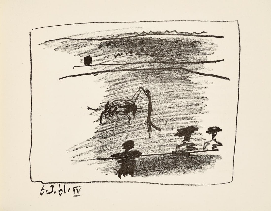 Pablo Picasso IV . 6-3-61 Original Lithograph Banderillas a los toros: Title: Banderillas a los toros Artist: Pablo Picasso Country: Spain Medium: Original Lithograph IV. 6-3-61 Marks: Dated in the plate, not signed or numbered Paper Size: 9.75 x 12.50 inches Printed: 19