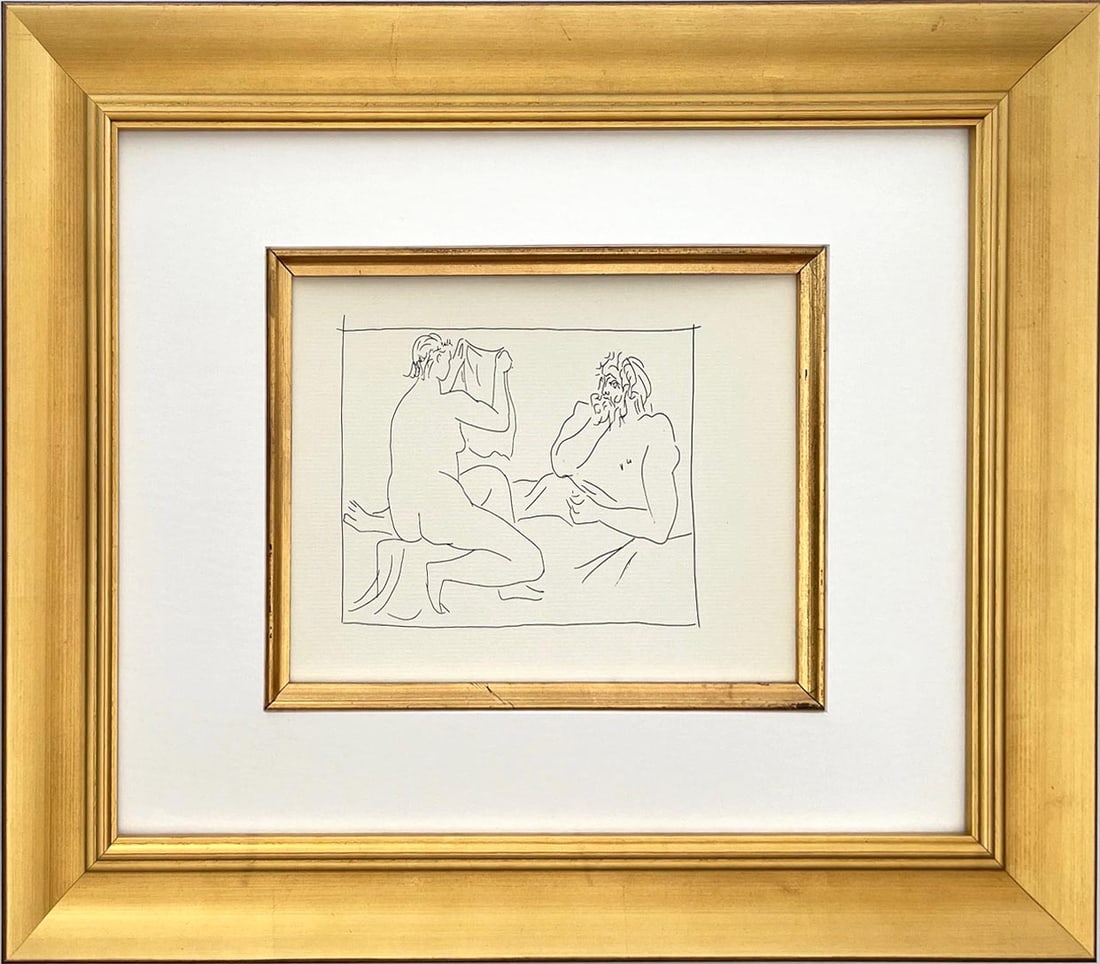 Picasso 29 Arachne showing her work framed: Title: Arachne showing her work Artist: Pablo Picasso (after) Country: Spain Medium: Facsimile 1 Marks: Not signed, not numbered Paper Size: 11 x 8.50 inches Printed: Circa 1970s on Papier Verge fin b