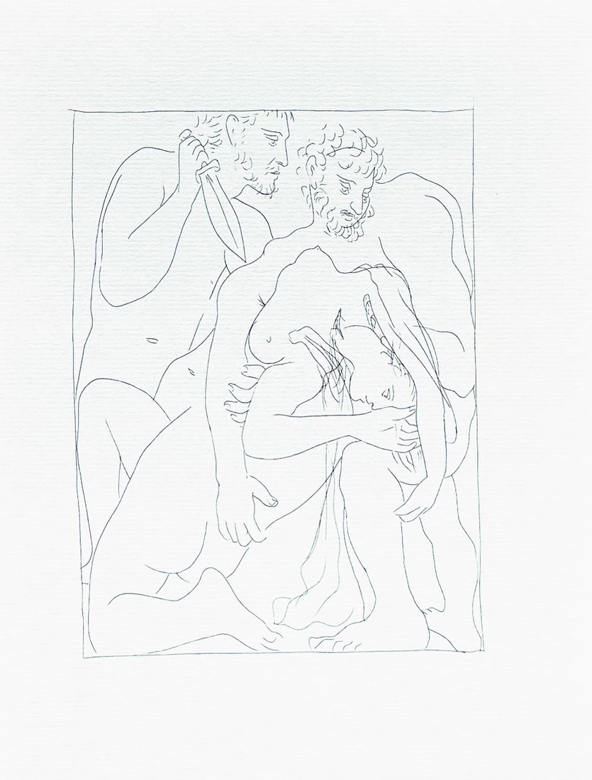 Picasso 13 Polyxena Priam's Daughter Is Sacrificed on Achilles's Tomb: Title: Polyxena, Priam's Daughter, Is Sacrificed on Achilles's Tomb Artist: Pablo Picasso (after) Country: Spain Medium: Facsimile – 13 Marks: Not signed, not numbered Paper Size: 11 x 8.50 inches