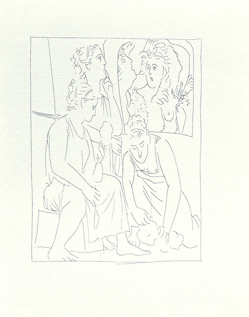 Picasso 7 Minyas' Daughters Refuse to Recognize the God Bacchus: Title: Minyas' Daughters Refuse to Recognize the God Bacchus Artist: Pablo Picasso (after) Country: Spain Medium: Facsimile – 7 Marks: Not signed, not numbered Paper Size: 11 x 8.50 inches Printed: 