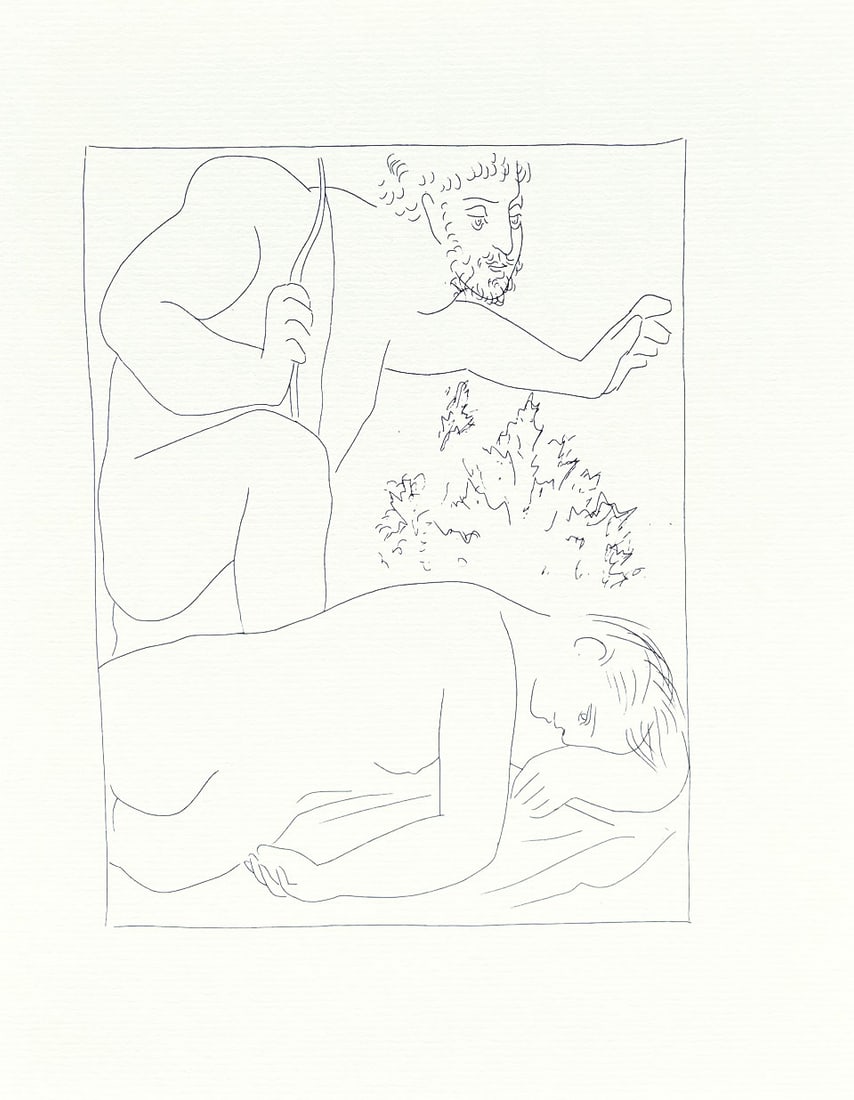 Picasso 1 Cephalus kills his wife Procris by accident: Title: Cephalus kills his wife Procris by accident Artist: Pablo Picasso (after) Country: Spain Medium: Facsimile - 1 Marks: Not signed, not numbered Paper Size: 11 x 8.50 inches Printed: Circa 1970s