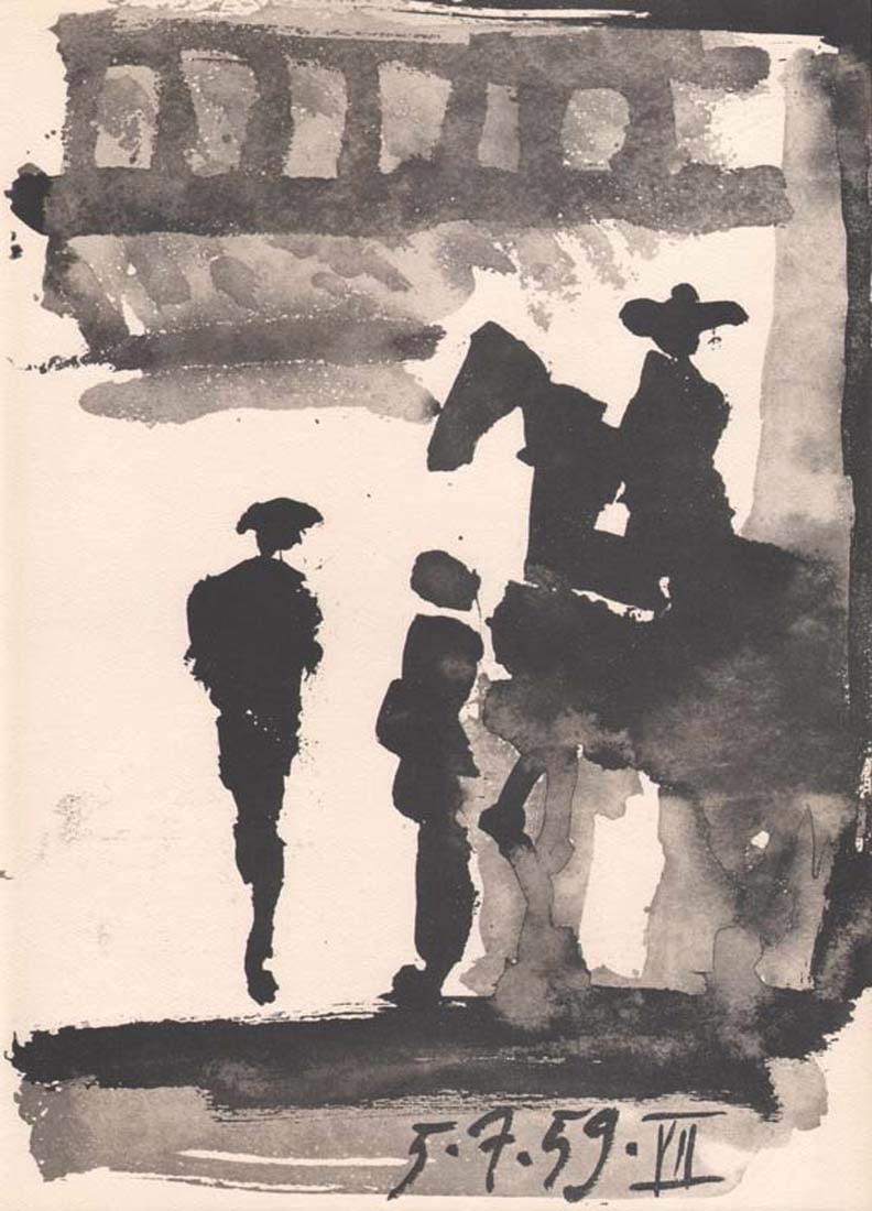 Pablo Picasso Toros y Toreros 7 dated 5/7/59: Artist: Pablo Picasso County: Spain Title: Toros y Toreros 7 dated 5/7/59 Medium: Bichromie Paper size: On vellum 14.75 x 10.50 inch Publisher: 1961 by Editions Cercle d'art, France Provenance: Sketch