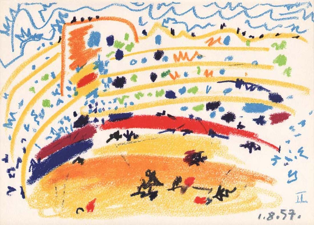 Pablo Picasso Toros y Toreros 2 dated 1/8/57: Artist: Pablo Picasso County: Spain Title: Toros y Toreros 2 dated 1/8/57 Medium: Quadrichromie Paper size: On vellum 14.75 x 10.50 inch Publisher: 1961 by Editions Cercle d'art, France Provenance: Sk