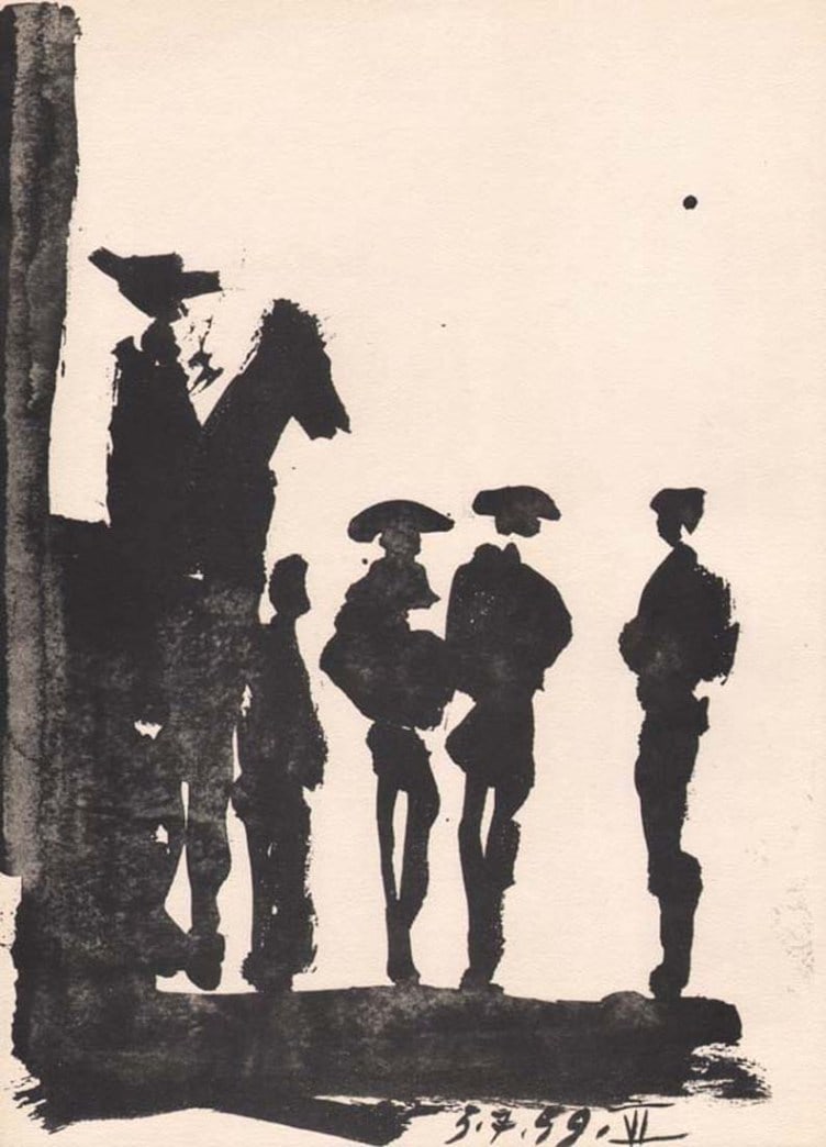 Pablo Picasso Toros y Toreros 6 dated 5/7/59: Artist: Pablo Picasso Country: Spain Title: Toros y Toreros 6 dated 5/7/59 Medium: Bichromie Marks: Not signed not numbered Paper size: Vellum 14.75 x 10.50 inch Publisher: Editions Cercle d'Art 1961,