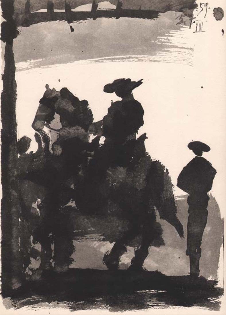 Pablo Picasso Toros y Toreros 8 dated 5/7/59: Picasso Toros Y Toreros No. 8 dated 5/7/59 Medium: Bichromie Paper size: Vellum paper 14.75 x 10.5 inch Publisher: Editions Cercle d'art 1961, France Provenance: Sketchbook Toros Y Toreros 1961 Condit