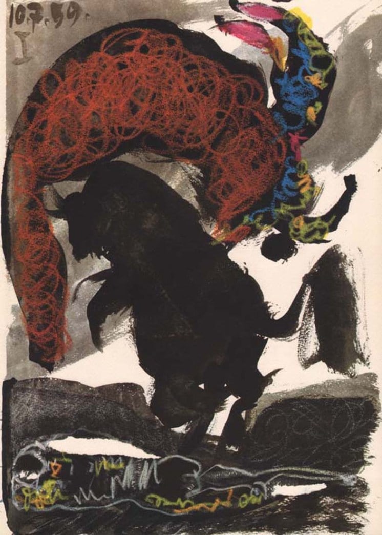 Pablo Picasso Toros y Toreros 1 dated 10/7/59: Artist: Pablo Picasso Country: Spain Title: Toros y Toreros 1 dated 10/7/59 Medium: Quadrichromie Paper size: Vellum paper 15 x 11 inch Printed: Editions Cercle d'art 1961, France Provenance: Sketchbo