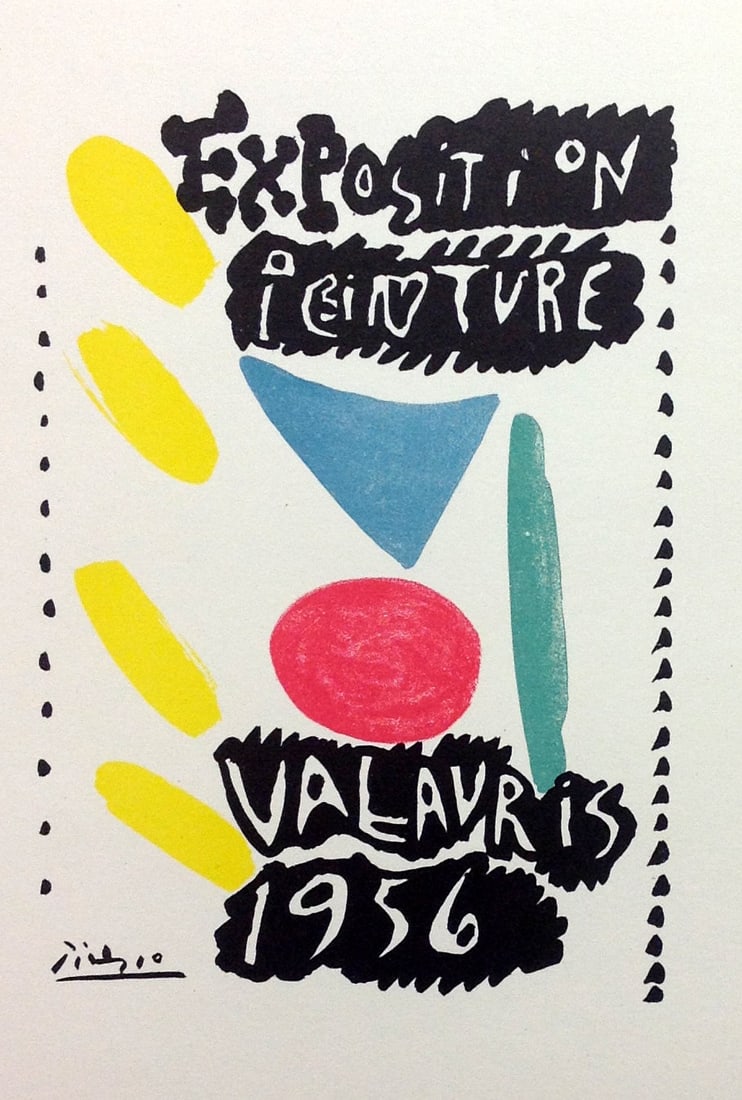 Picasso Lithograph 81 Valauris 1956 Art in posters: Title: Exposition Valauris 1956 Artist: Pablo Picasso Country: Spain Medium: Lithograph - 81 Paper size: 12.50 X 9.50 inch Printed: 1959 by Mourlot Freres, France Provenance: Art in posters Book 1959 