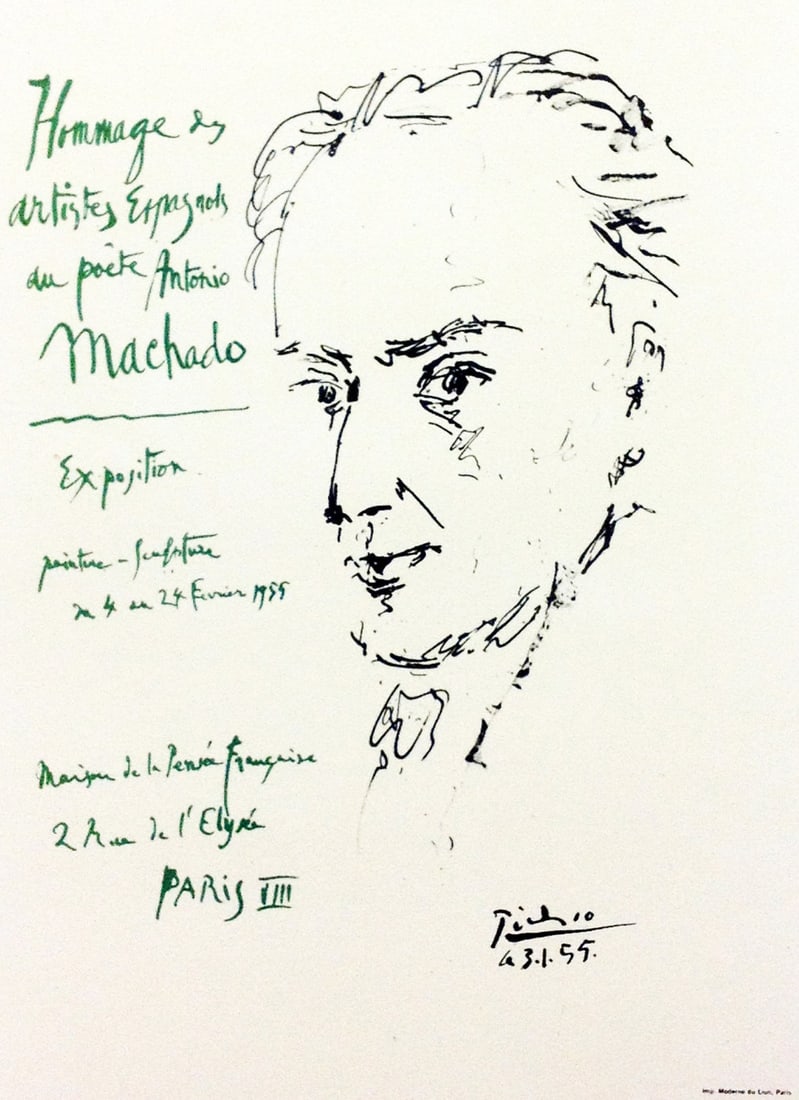 Picasso Lithograph 73 Homage a Poete Antonio Machado: Title: Homage a Poete Antonio Machado Artist: Pablo Picasso Country: Spain Medium: Lithograph - 73 Paper size: 12.50 X 9.50 inch Printed: 1959 by Mourlot Freres, France Provenance: Art in posters