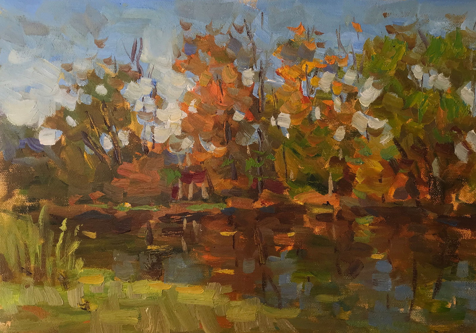 Oil painting along the river Sergey Ivanovich: Title: Oil painting along the river Sergey Ivanovich Description: 211ALAA Painter: Sergey Ivanovich Animov Size: 25x35 cm/9.84x13.77 inches Components: canvas, oil Original painting from our collectio