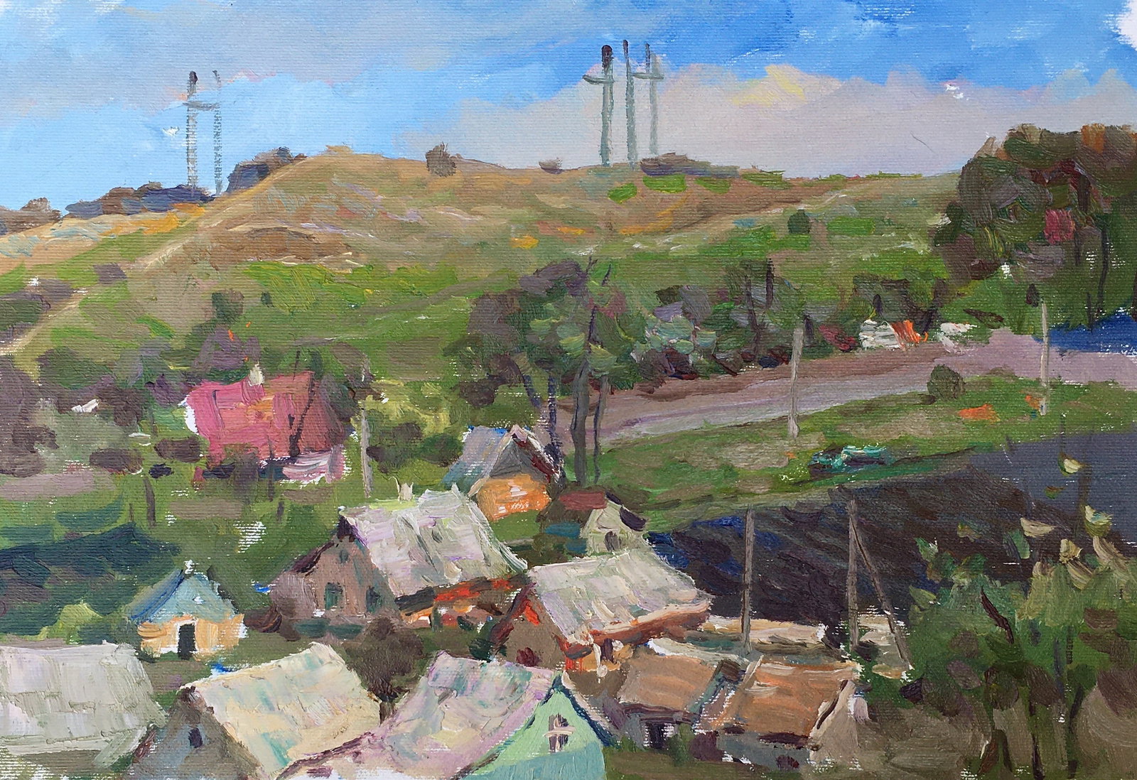 Oil painting City outskirts Sergey Ivanovich Animov: Title: Oil painting City outskirts Sergey Ivanovich Animov Description: 228ALAA Painter: Sergey Ivanovich Animov Size: 27x39 cm/10,63x15,35 inches Components: canvas, oil Original painting from our