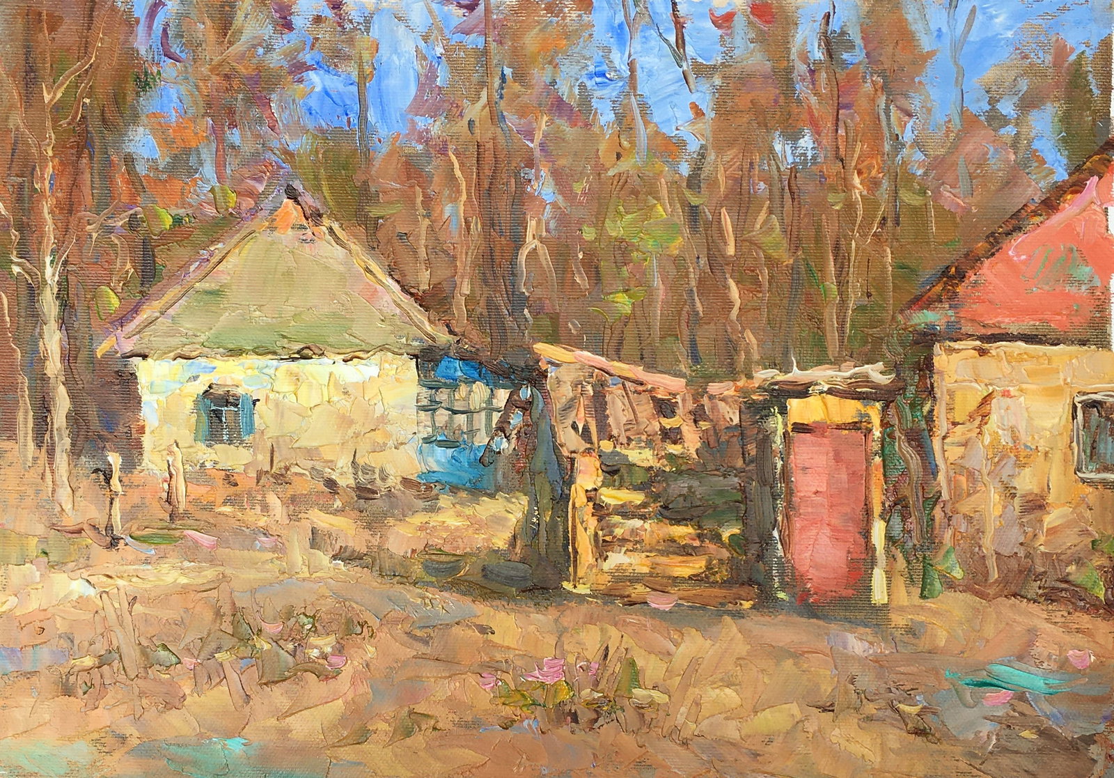 Oil painting Village street Sergey Ivanovich Animov: Title: Oil painting Village street Sergey Ivanovich Animov Description: 239ALAA Painter: Sergey Ivanovich Animov Size: 26x36,5 cm/10,23x14,37 inches Components: canvas, oil Original painting from our 