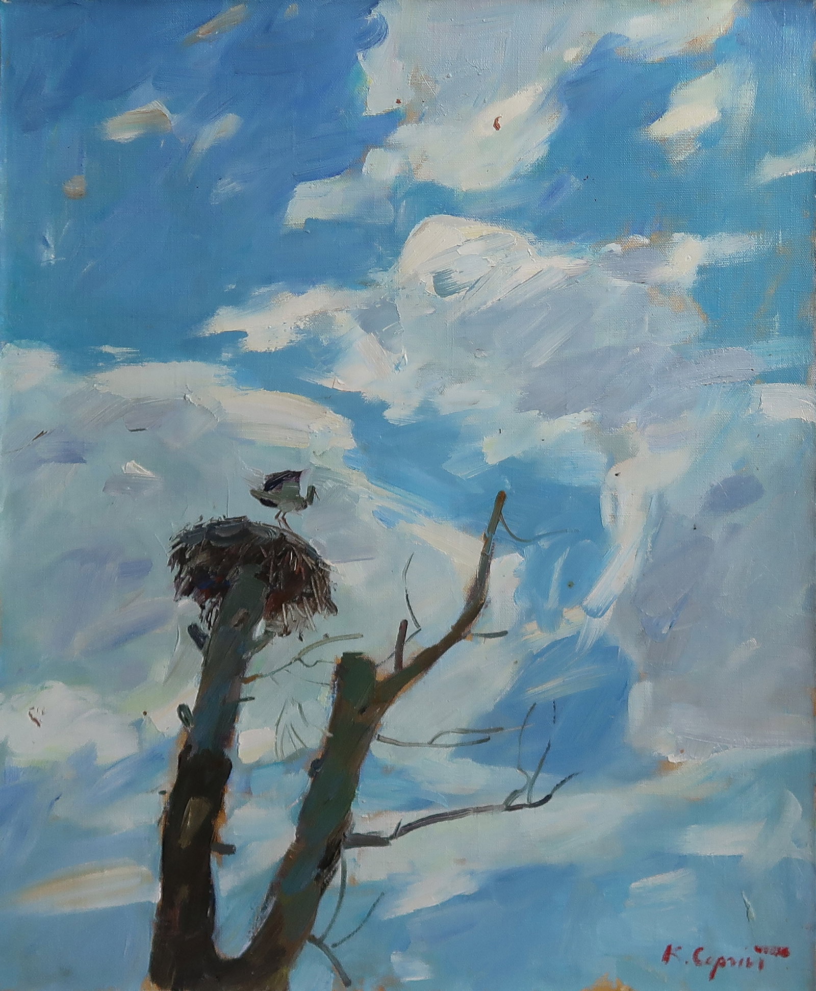 Oil painting Storks Serg Kovalenko: Title: Oil painting Storks Serg Kovalenko Description: 27SK Painter: Serg Kovalenko Size: 50x60 cm/19.7x23.6 inches Components: oil, canvas Original painting CONDITION: exellent ERA: modern Graduated