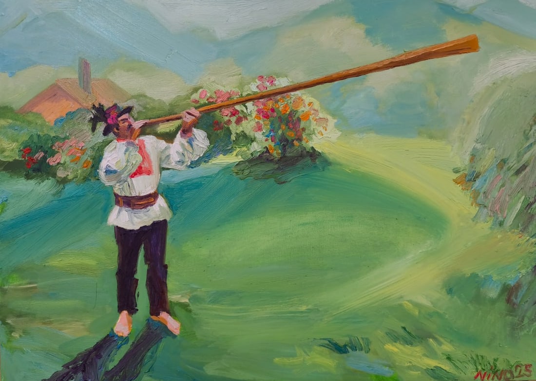Genre Oil painting Trembita Nina L: Title: Genre Oil painting Trembita Nina L Description: 175Lt Painter: Nina L. Size: 50x70 cm/ 19.68x27.55 inches Components: oil, canvas Original painting CONDITION: exellent ERA: 2025 ARTIST: She