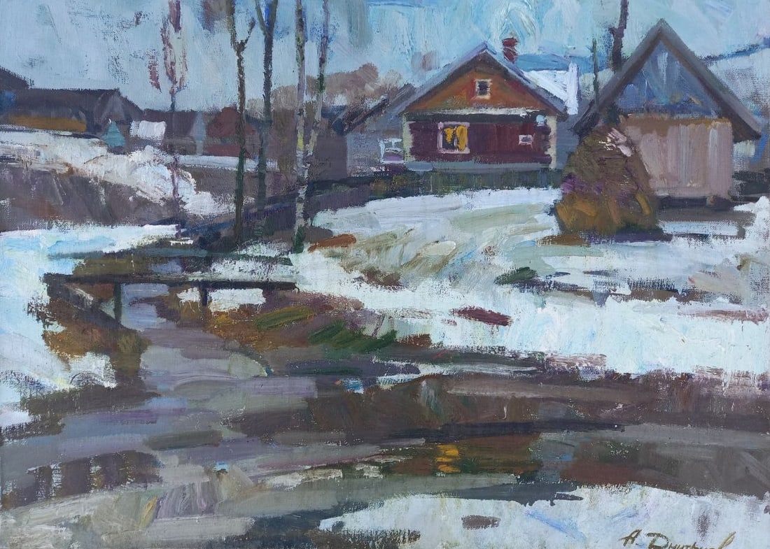 Oil painting Mountain village Alex Ditriev: Title: Oil painting Mountain village Alex Ditriev Description: 109AD Painter: Alex Ditriev Size: 48x63.5 cm/18.9x25.0 inches Components: oil, canvas Original painting from our collection ERA: Short in