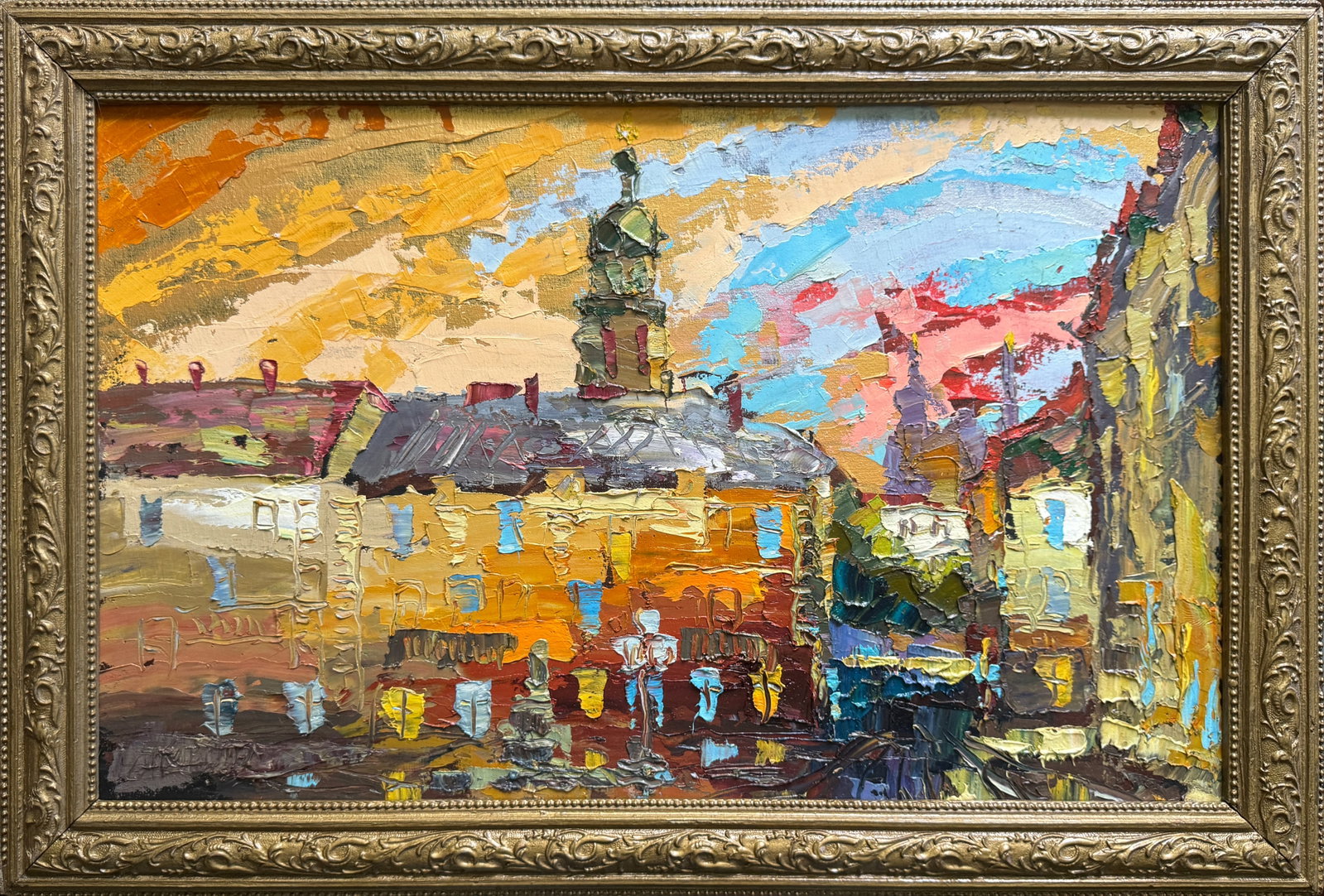 Oil painting with frame Lviv K. Leonid: Title: Oil painting with frame Lviv K. Leonid Description: 554KK Painter: K. Leonid Size: 43.5x70 cm/ 17.12x27.55 inches Components: oil, acrylic, canvas, cardboard Original painting CONDITION: exelle