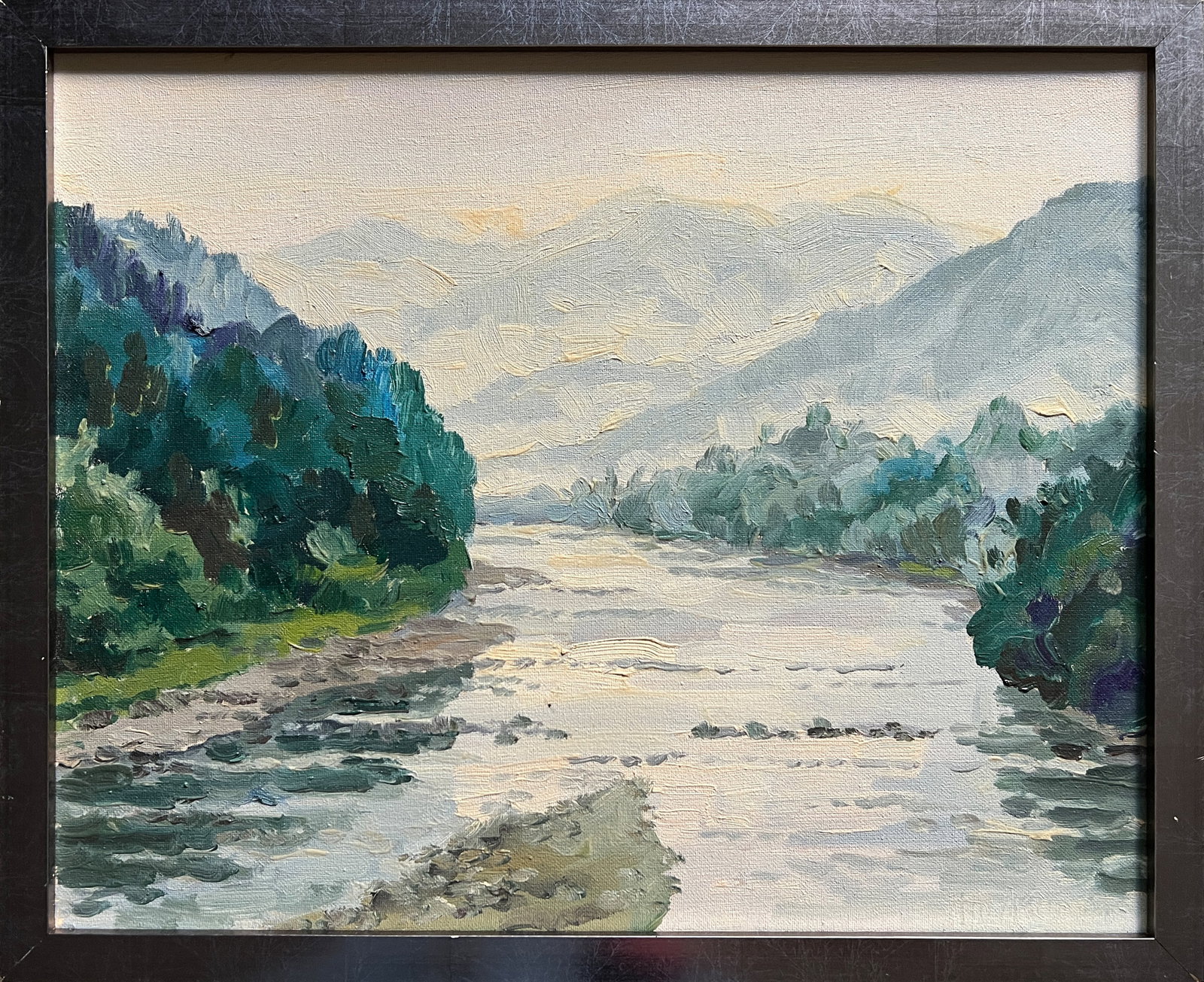 Oil painting with frame river in the Carpathians K. Leonid: Title: Oil painting with frame river in the Carpathians K. Leonid Description: 557KK Painter: K. Leonid Size: 40x50 cm/ 15.74x19.68 inches Components: oil, canvas Original painting CONDITION:
