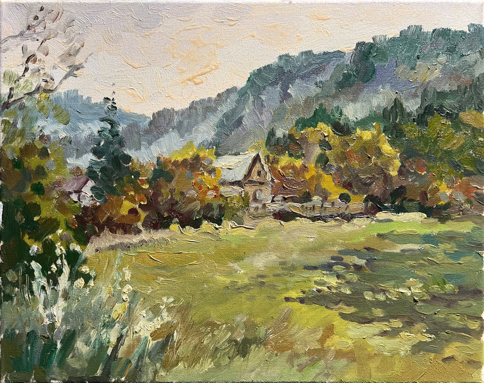 Oil painting with farme village in the Carpathians K. Leonid: Title: Oil painting with farme village in the Carpathians K. Leonid Description: 573KK Painter: K. Leonid Size: 40x50 cm/ 15.74x19.68 inches Components: oil, canvas Original painting CONDITION: exelle