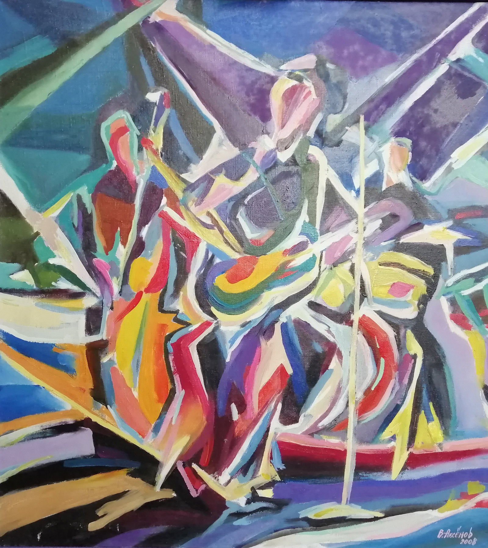 Oil painting Musicians Vadim Os'onov: Title: Oil painting Musicians Vadim Os'onov Description: 14AXE Painter: Os'onov Vadim Size: 65x65 cm/25,5x25,5 inch Components: oil, canvas Original painting CONDITION: exellent ERA: 2009 Vadim Os'ono