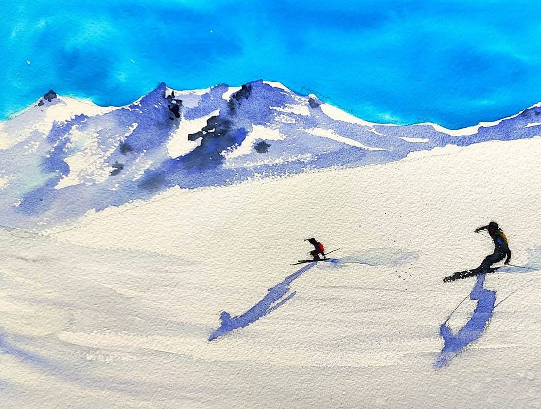 Watercolor painting Skiing Down the Winter Mountains Olena Klimenko - 2