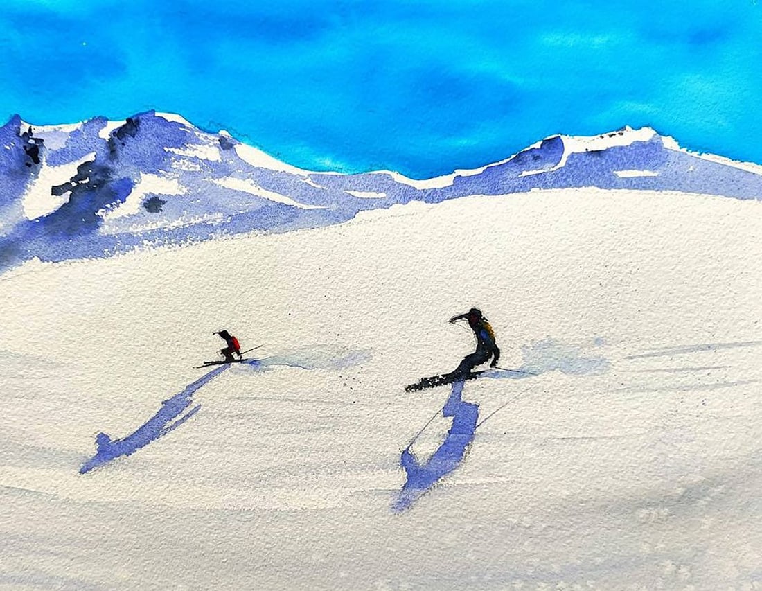 Watercolor painting Skiing Down the Winter Mountains Olena Klimenko - 3