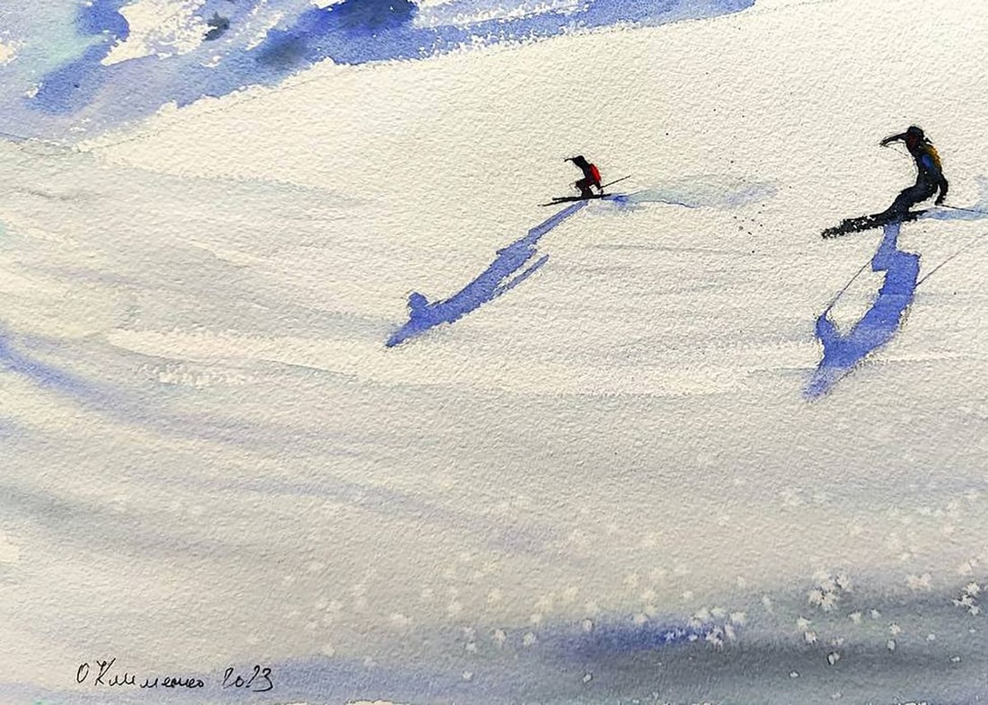 Watercolor painting Skiing Down the Winter Mountains Olena Klimenko - 4