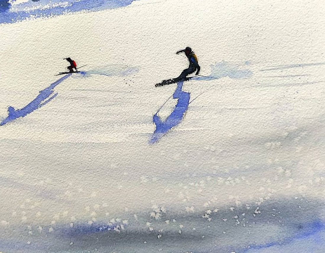 Watercolor painting Skiing Down the Winter Mountains Olena Klimenko - 5