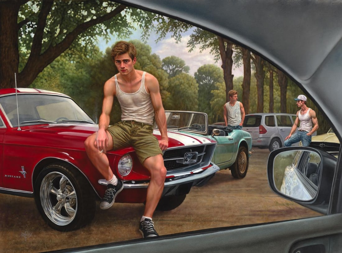 Oil painting American Boys On Cars Richard Fox: Title: Oil painting American Boys On Cars Richard Fox Description: NoFox 3 *** ABOUT THIS PAINTING *** * TITLE: "American Boys On Cars" * ARTISTS: Richard Fox * SIZE: 134.6x101.6 cm/53"x40" inches' ca