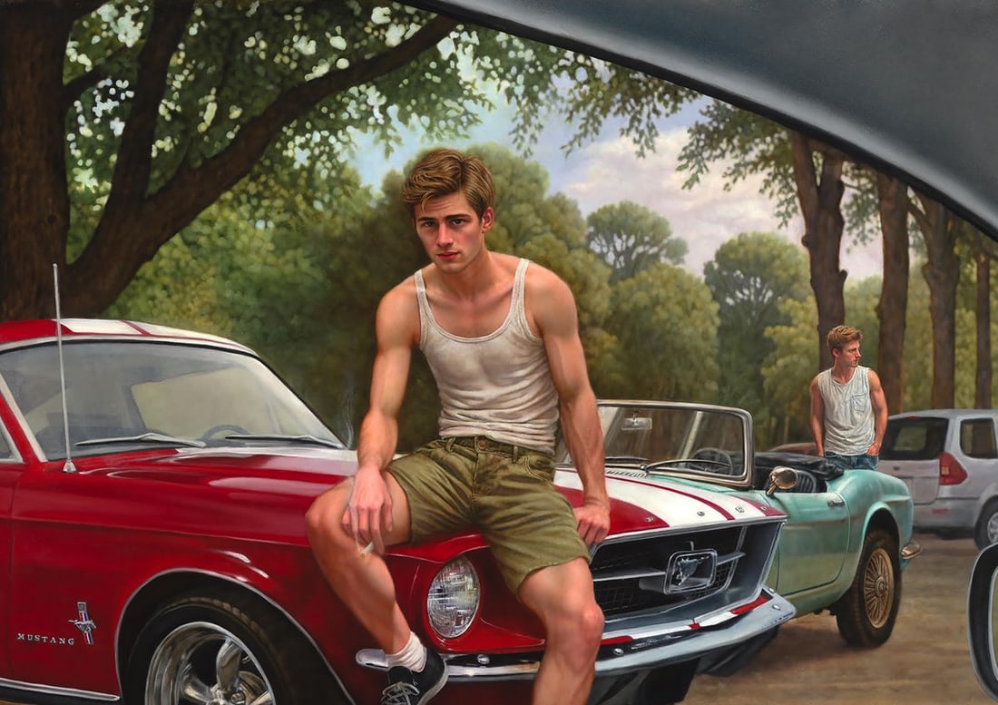 Oil painting American Boys On Cars Richard Fox - 2