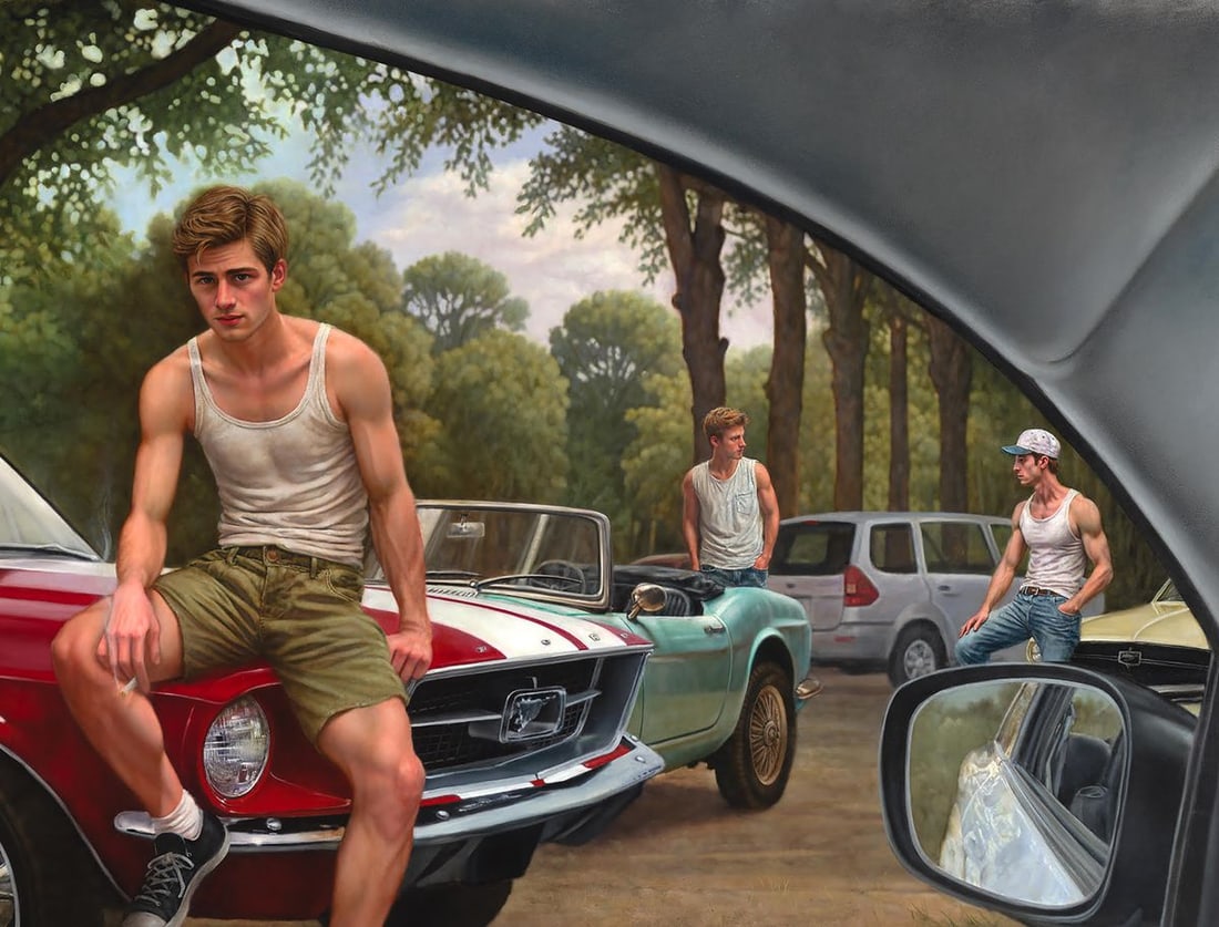 Oil painting American Boys On Cars Richard Fox - 3