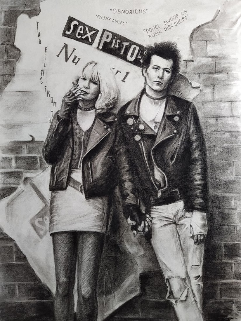 Coal painting Punk Adventures Yulia Lihina: Title: Coal painting Punk Adventures Yulia Lihina Description: NoLih 24 The coal painting titled "Punk Adventures" captures the raw essence of the punk movement, showcasing two figures that appear to 