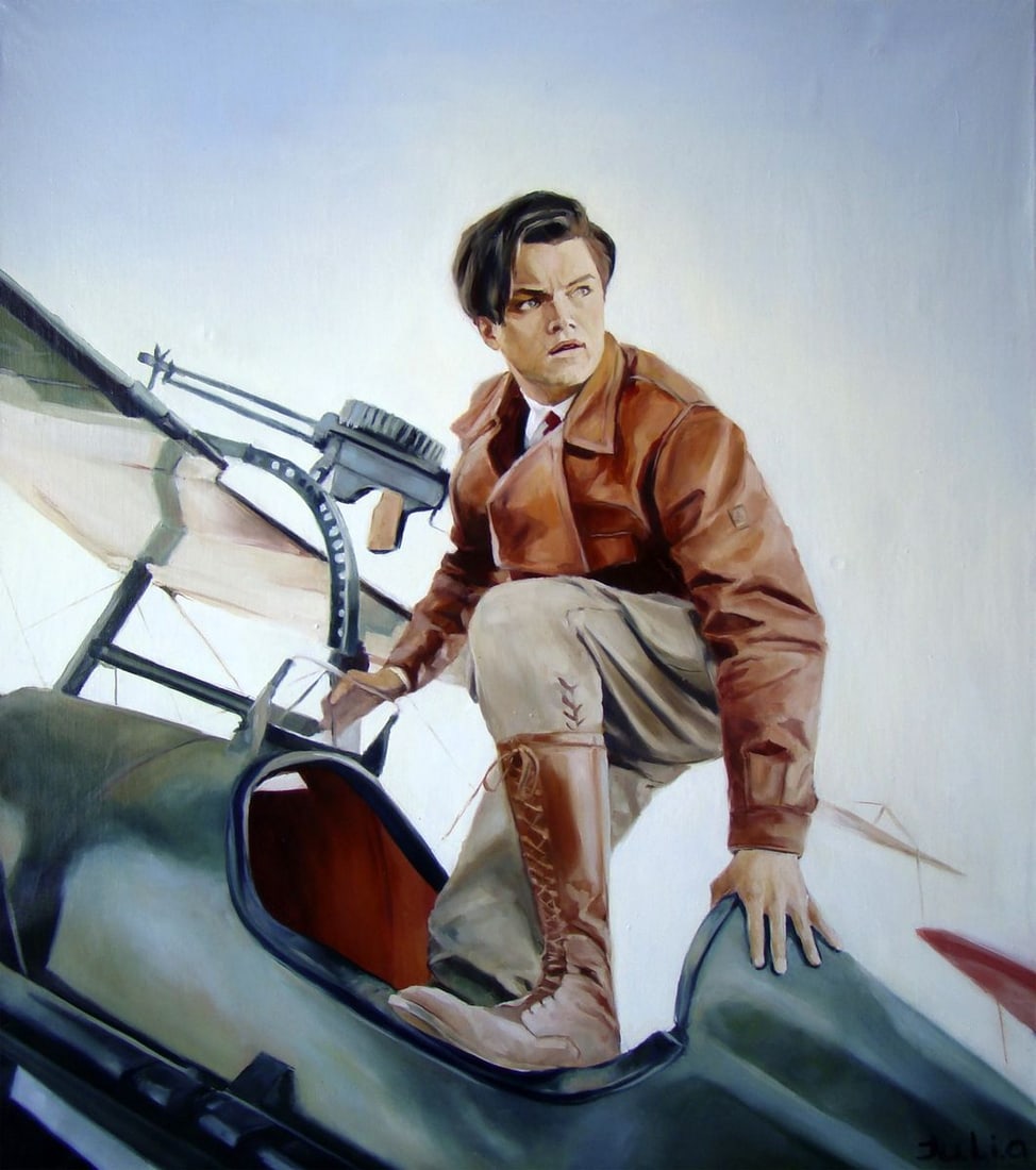 Oil painting Let's fly Yulia Lihina: Title: Oil painting Let's fly Yulia Lihina Description: NoLih 25 The oil painting titled "Let's Fly" presents a vivid portrayal of an iconic scene featuring the figure of a determined aviator, reminis
