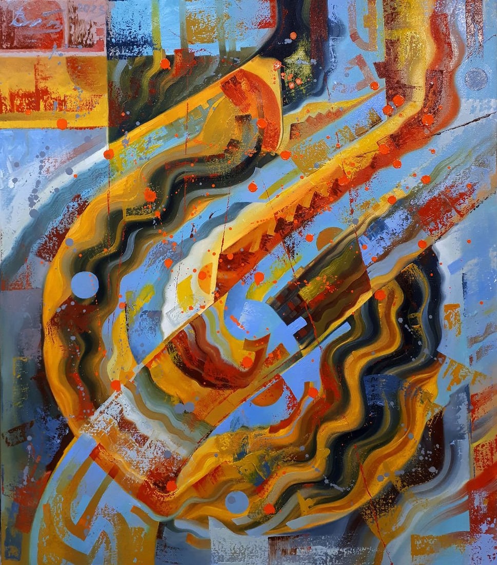 Oil painting G point Sergey Voichenko: Title: Oil painting G point Sergey Voichenko Description: NoVoich 7 This oil painting, entitled "G point," is an abstract composition brimming with dynamic energy and movement. The canvas is a symphon