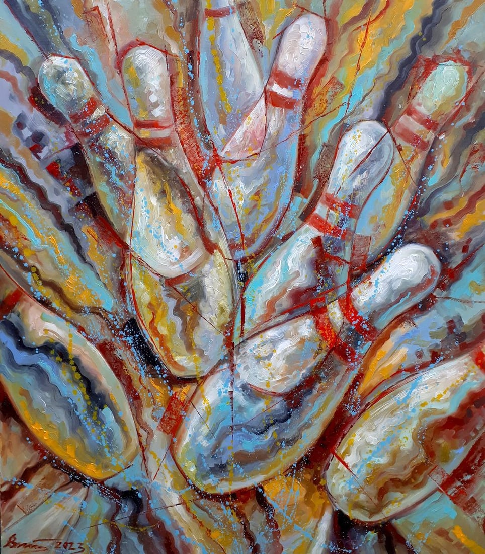 Oil painting Strike Sergey Voichenko: Title: Oil painting Strike Sergey Voichenko Description: NoVoich 27 This oil painting, titled "Strike," is an abstract representation that intriguingly suggests both motion and energy, which could be 