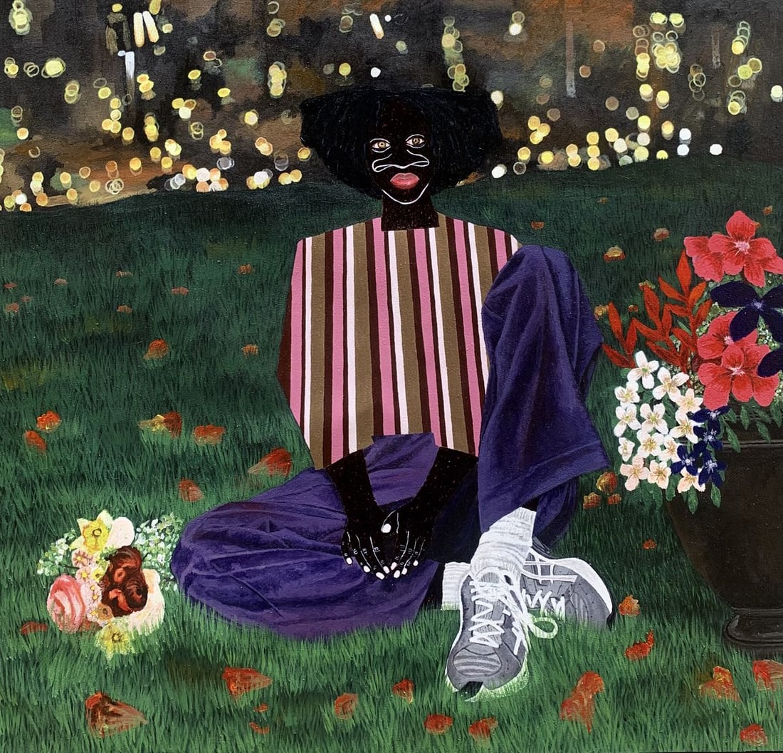 Acrylic painting Held by the night Akintomide Akinshola: Title: Acrylic painting Held by the night Akintomide Akinshola Description: NoAkins 1 This is the second Art piece from the series "Garden of self" i create an intimate, peaceful moments away from the