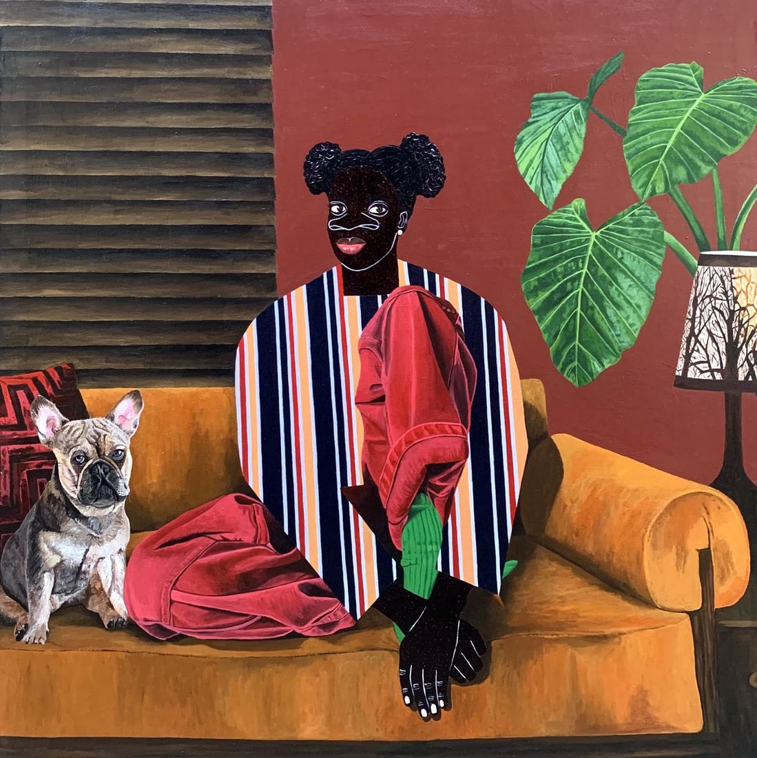 Acrylic painting Solemn dialogue Akintomide Akinshola: Title: Acrylic painting Solemn dialogue Akintomide Akinshola Description: NoAkins 4 Capturing a serene moment of a woman seated on a couch beside her dog. Bold colors and dynamic patterns draw the eye