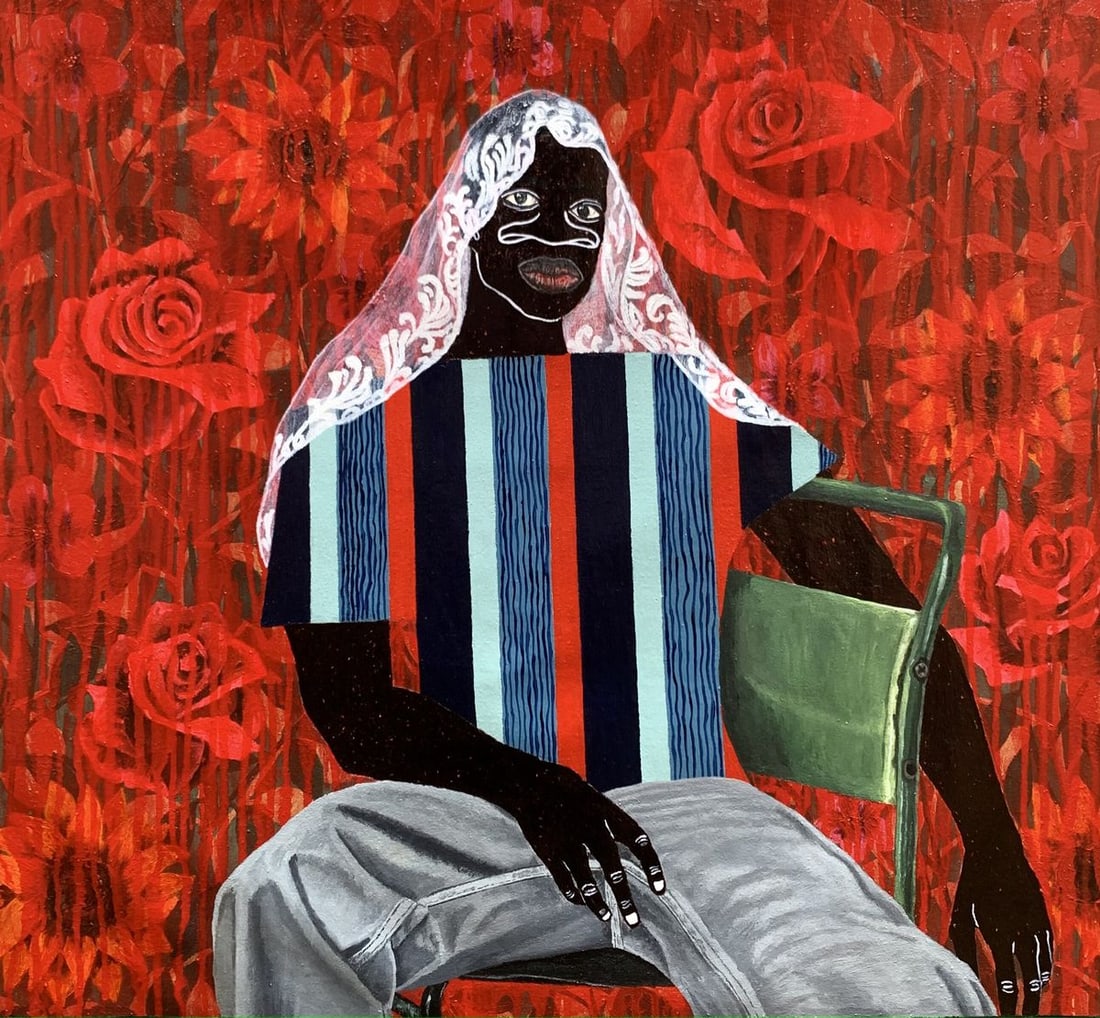 Acrylic painting In Silence Among the Roses Akintomide Akinshola: Title: Acrylic painting In Silence Among the Roses Akintomide Akinshola Description: NoAkins 5 "This series reflects on the power of looking deeper, beyond the surface, especially in moments of challe