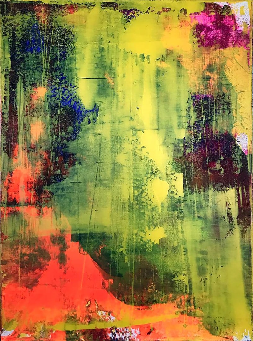 Acrylic painting Sunny day Olga Melezhik: Title: Acrylic painting Sunny day Olga Melezhik Description: NoMel 84 In "Sunny Day," Olga Melezhik uses vibrant yellows, greens, and hints of deep red to convey the warmth and energy of a bright day.